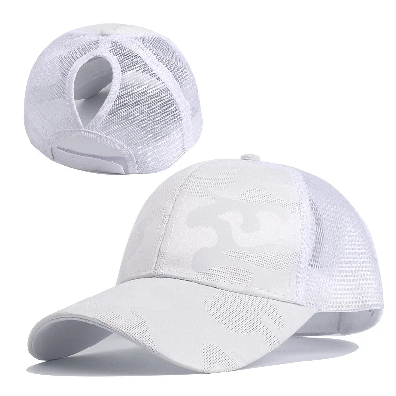Camo print athletic ponytail cap with breathable mesh back and adjustable fit for runners