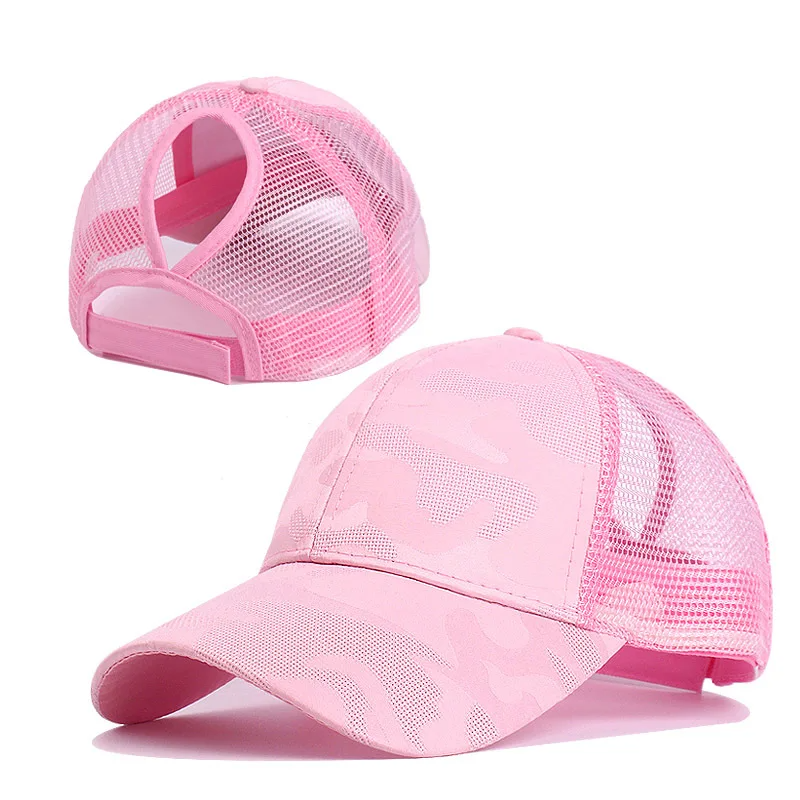 Camo print high ponytail cap with breathable mesh back and adjustable fit for active runners
