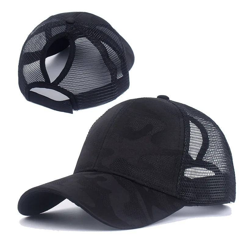 Camo pattern athletic ponytail cap with breathable mesh back and adjustable open-back fit
