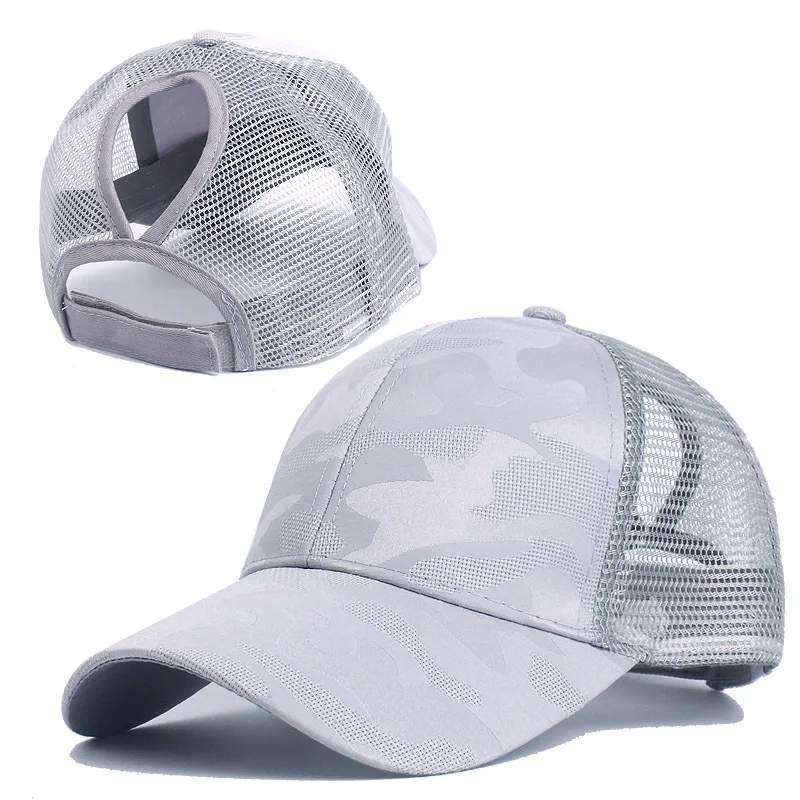 Camo print athletic ponytail cap with breathable mesh back and adjustable open-back slot fit