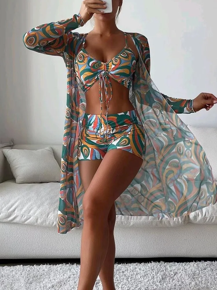 Women's 3-piece cabana swim set vibrant glam print high-stretch fit with sheer mesh cover-up