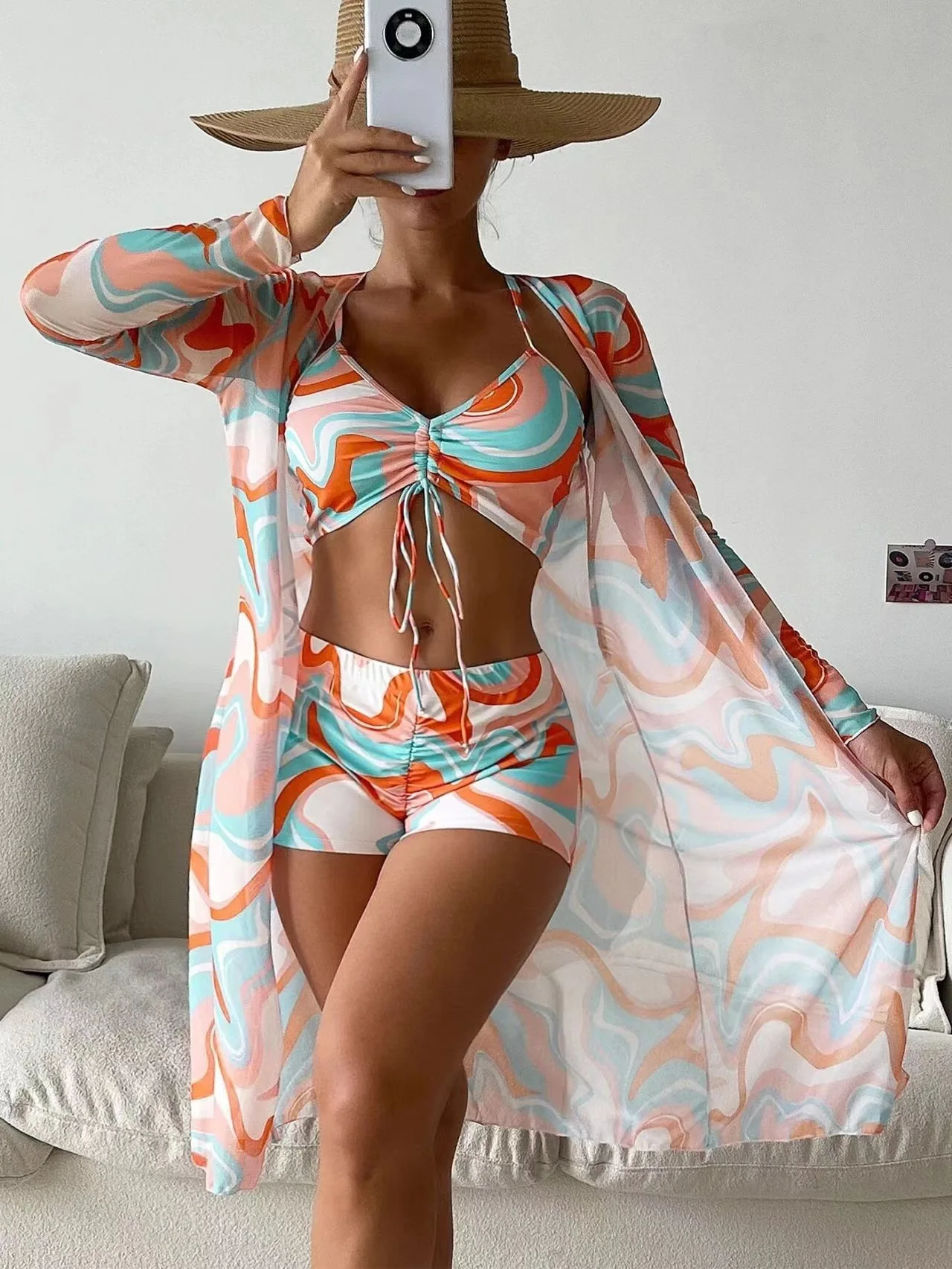 Women's 3-piece cabana swim set vibrant glam print with high-stretch fit and sheer mesh cover-up