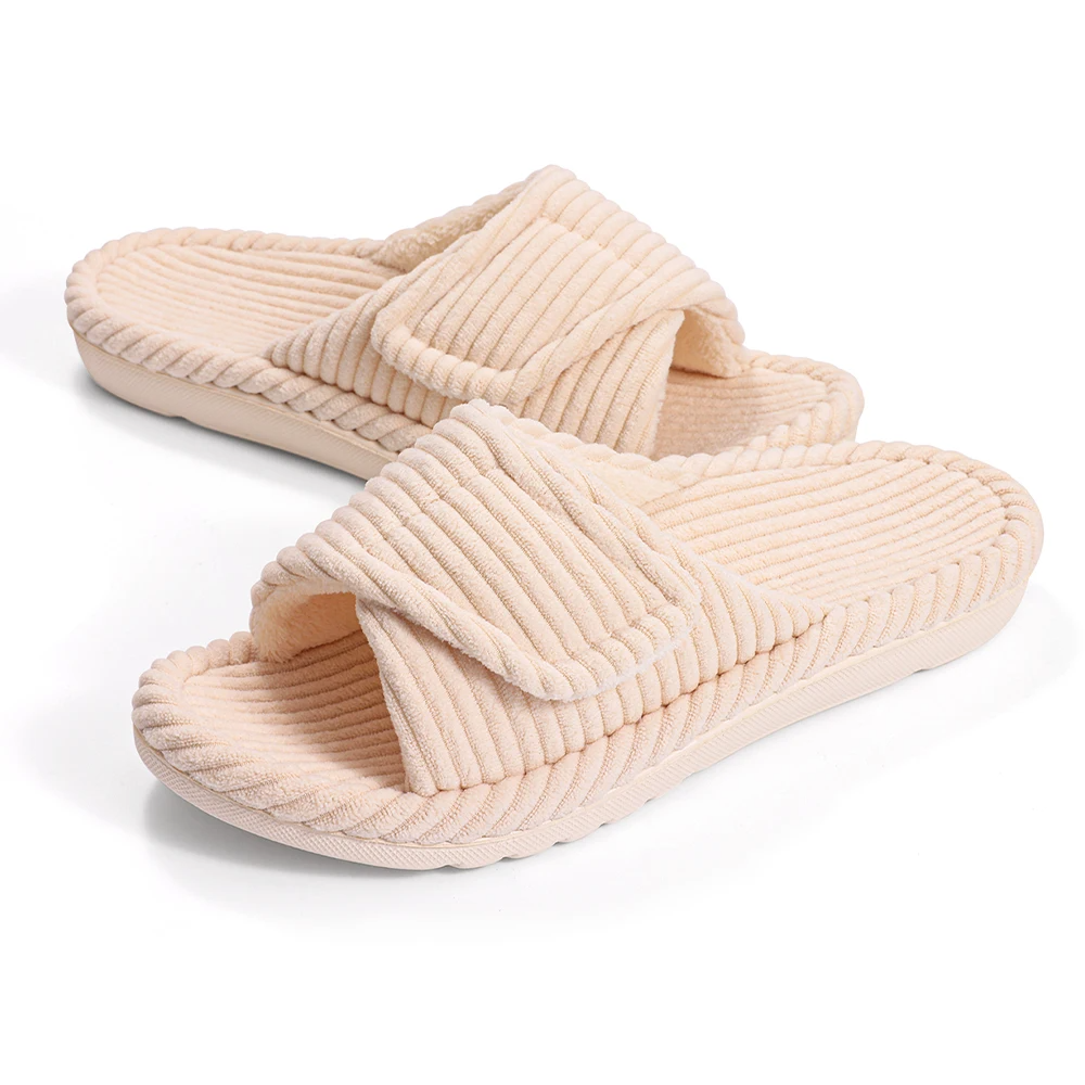 Bliss corduroy slide slippers with adjustable Velcro strap, memory foam cushioning, non-slip sole