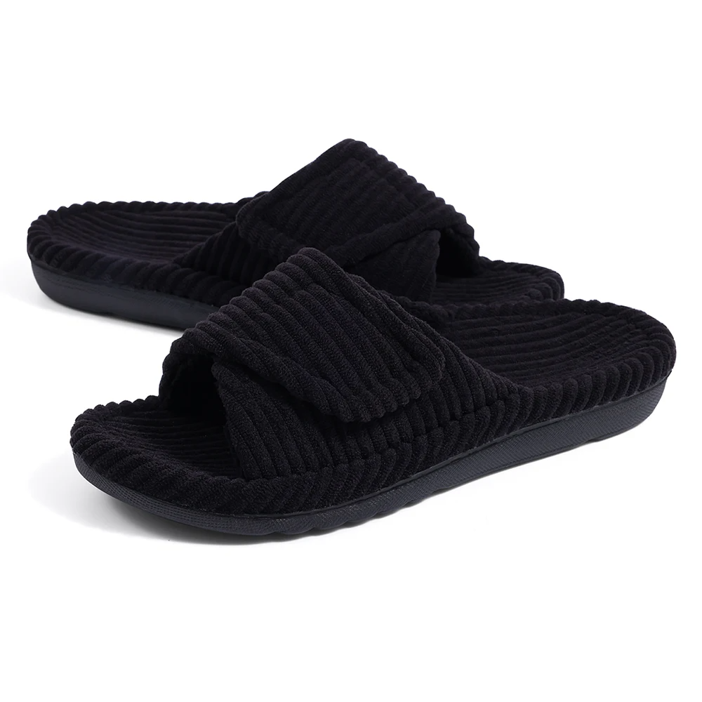 Bliss corduroy slides with adjustable Velcro strap, memory foam cushioning, non-slip sole for home lounging