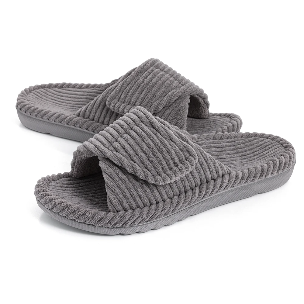 Bliss corduroy slide slippers with adjustable Velcro strap, memory foam cushioning, non-slip sole