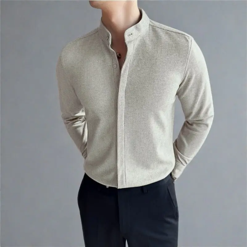 Navy blue mandarin collar button-up shirt hidden placket soft-stretch knit modern fit
