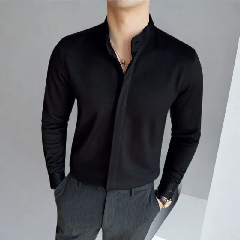 Navy blue mandarin collar button-up shirt hidden placket soft-stretch knit modern fit