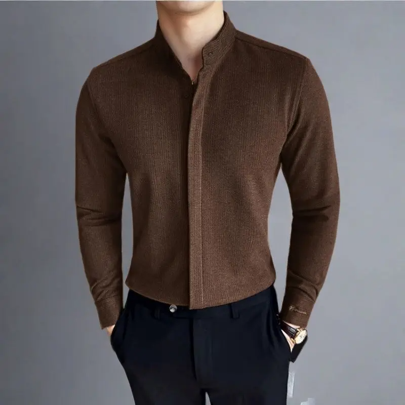 Navy blue mandarin collar button-up shirt hidden placket soft-stretch knit modern fit professional
