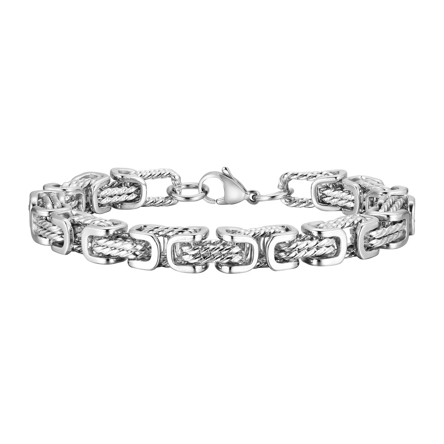 Men's stainless steel chain cuff bracelet with interlocked woven-core links, polished tarnishproof finish