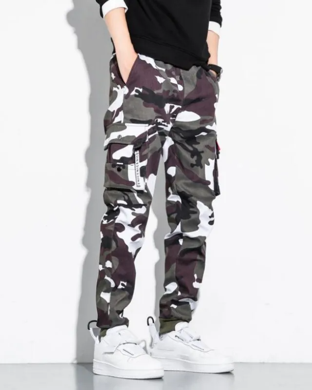 Delta camo cargo pants tapered jogger fit with stacked pockets bold aggressive print streetwear