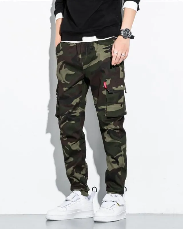 Delta camo cargo pants tapered jogger fit with stacked pockets aggressive camouflage streetwear