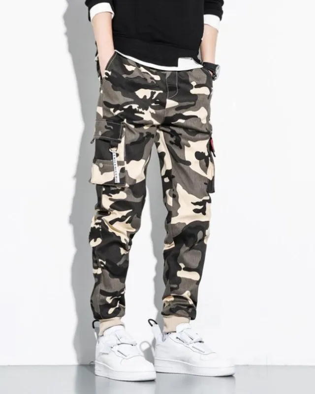 Delta camo cargo pants tapered jogger fit with stacked pockets aggressive camouflage streetwear style