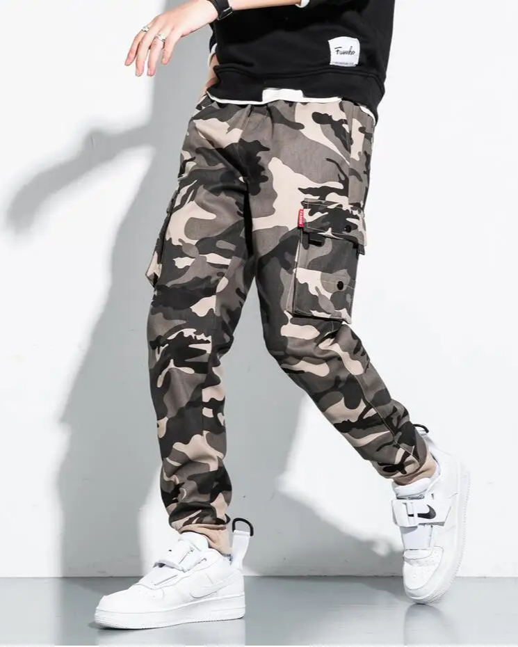 Delta camo cargo pants tapered jogger fit with stacked pockets aggressive print streetwear