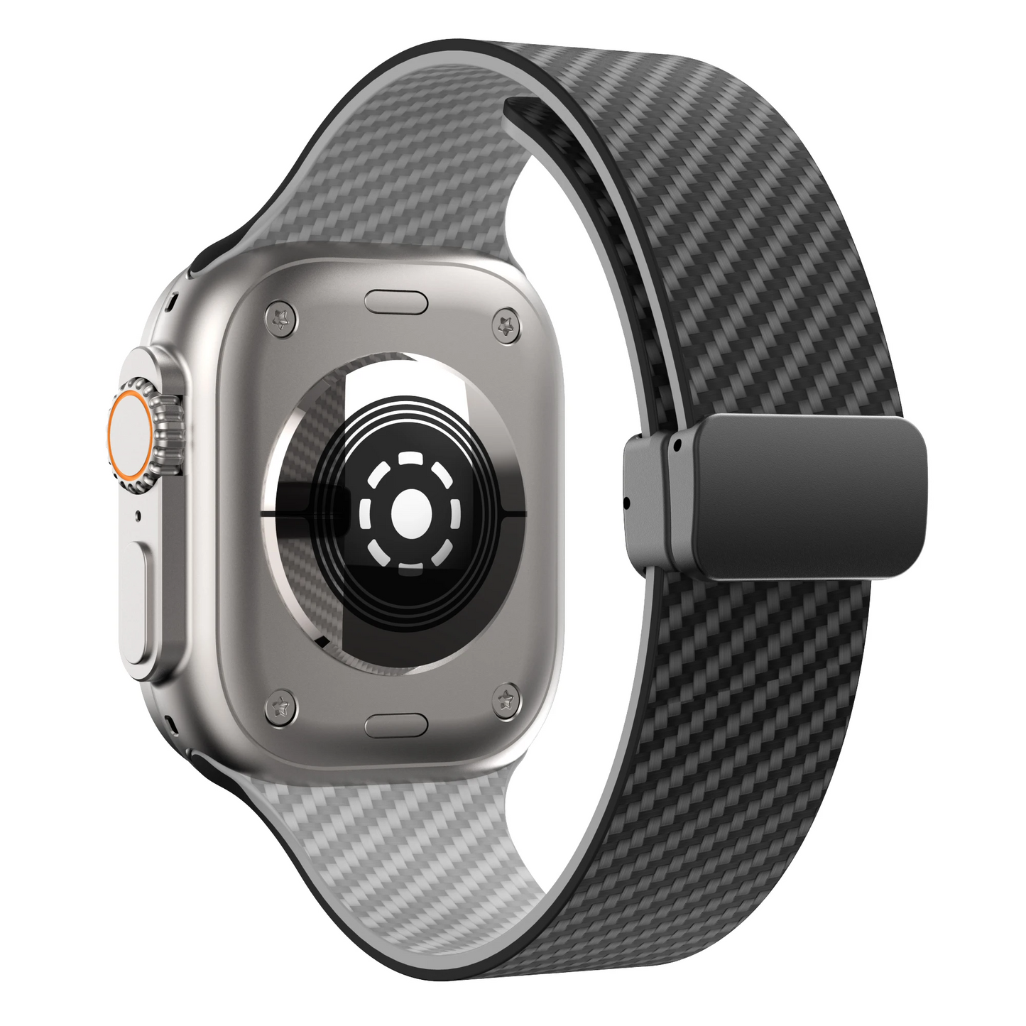 Black carbon fiber Apple Watch band with dual-lock system, athletic performance design for active wear