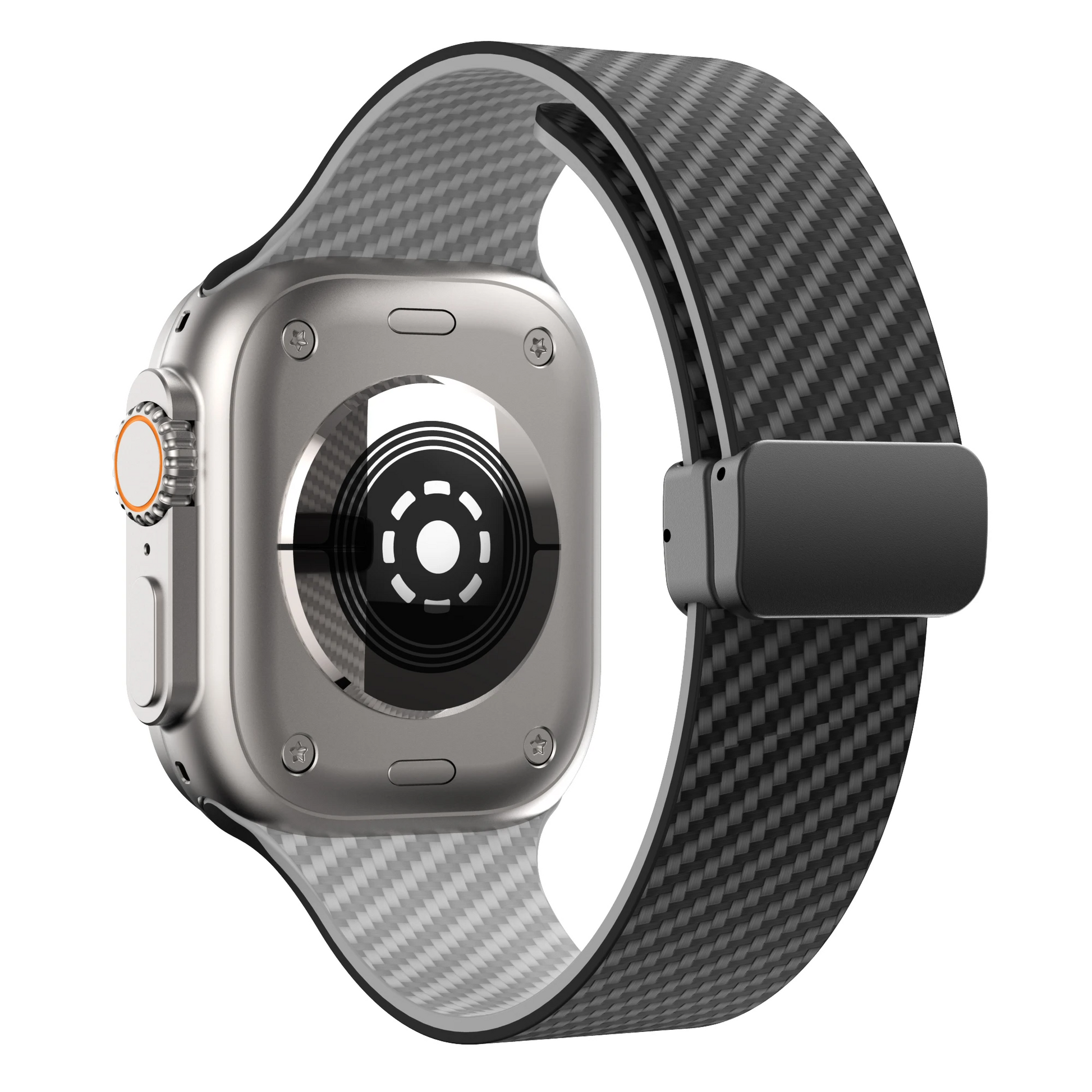 Black carbon fiber Apple Watch band with dual-lock system, athletic performance design for active wear