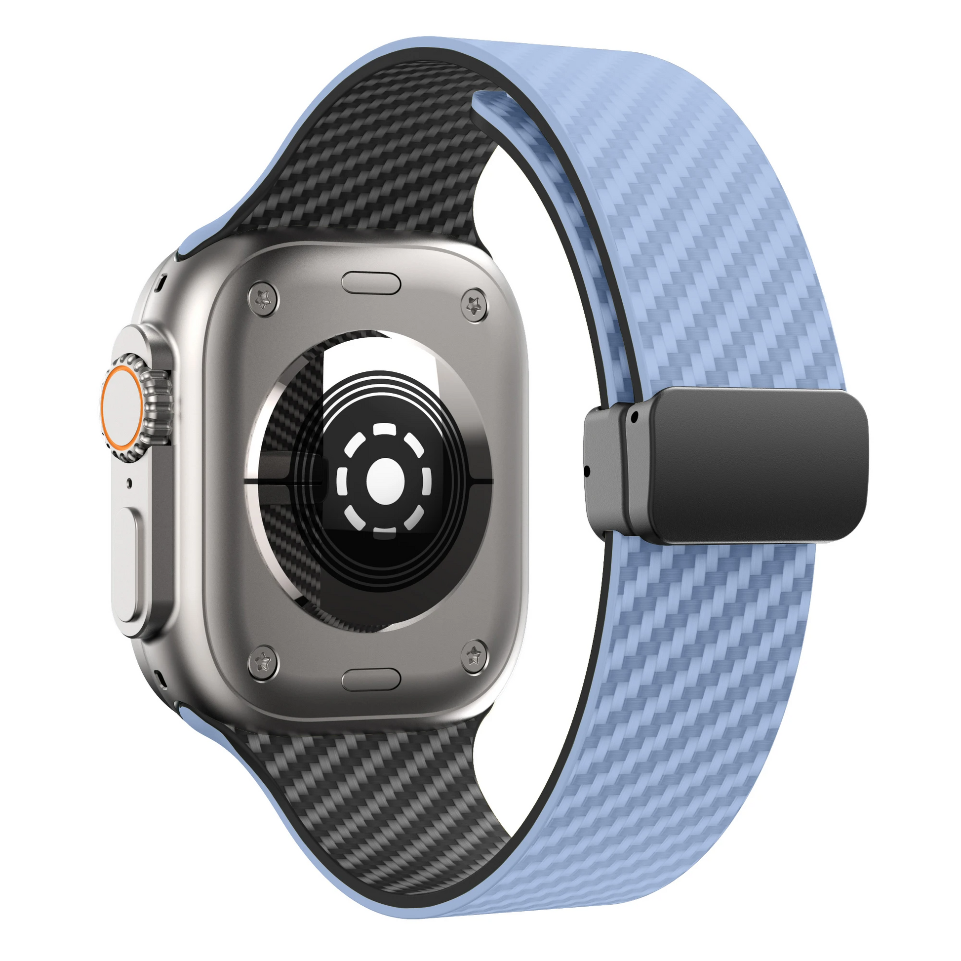 Black carbon fiber Apple Watch band with dual-lock system, athletic performance design for active wear