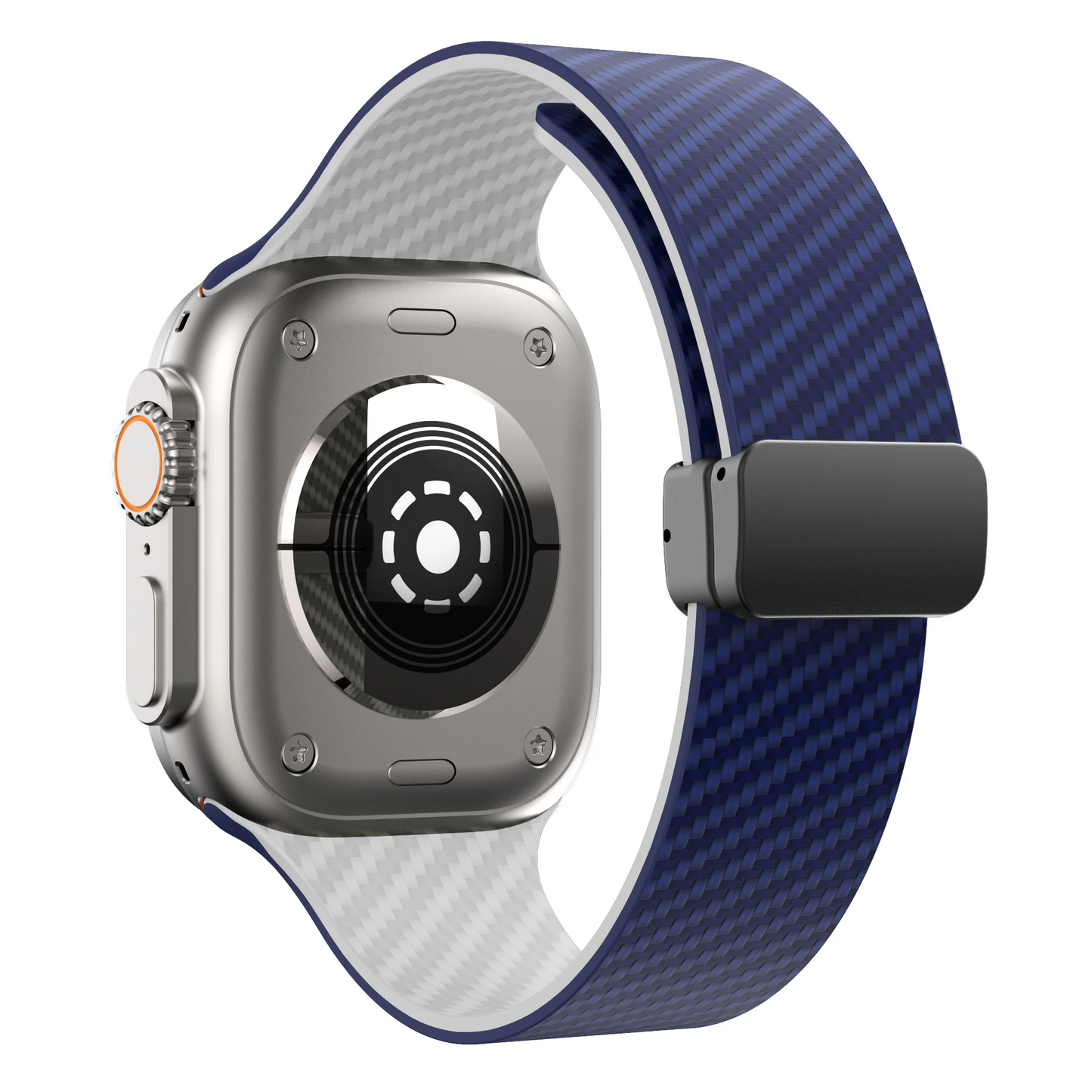 Black carbon fiber Apple Watch band with dual-lock system, athletic performance design for active wear