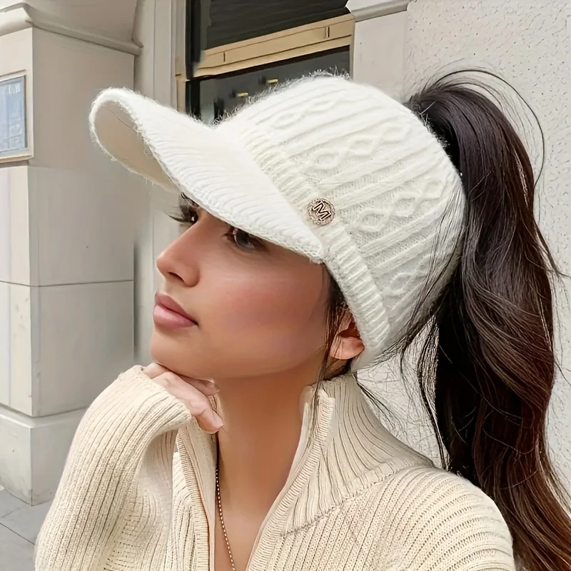 Holloway cable-knit visor cap in neutral tone with open crown for ponytails and built-in brim