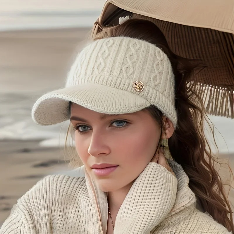 Holloway cable-knit visor hat beige open-crown stretch cotton blend with built-in brim