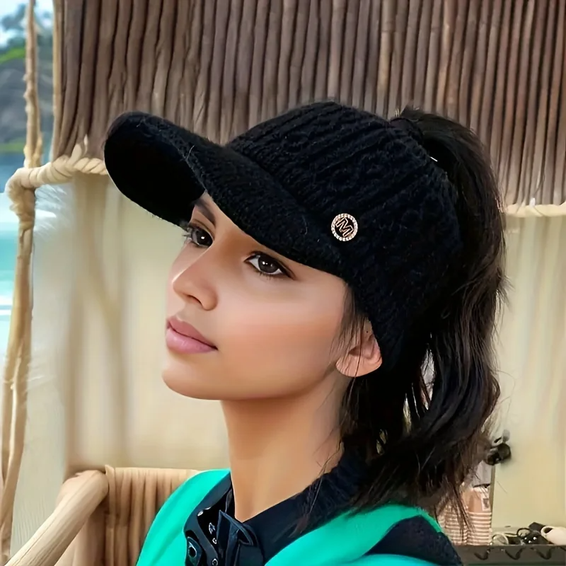Holloway cable-knit visor hat beige open-crown stretch fit for ponytails and high buns
