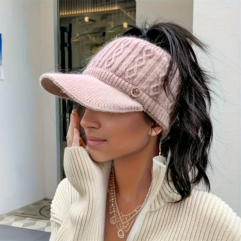Holloway cable-knit visor hat beige open-crown stretch fit for high ponytails and buns