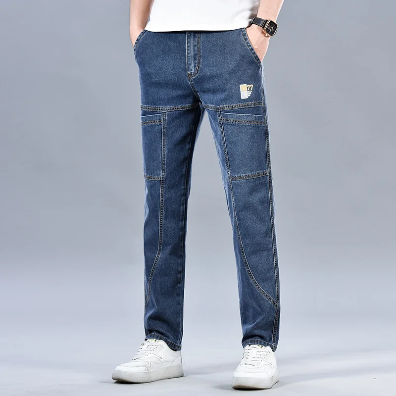 Blue cargo denim jeans multi-pocket layout premium stretch slim fit for active men