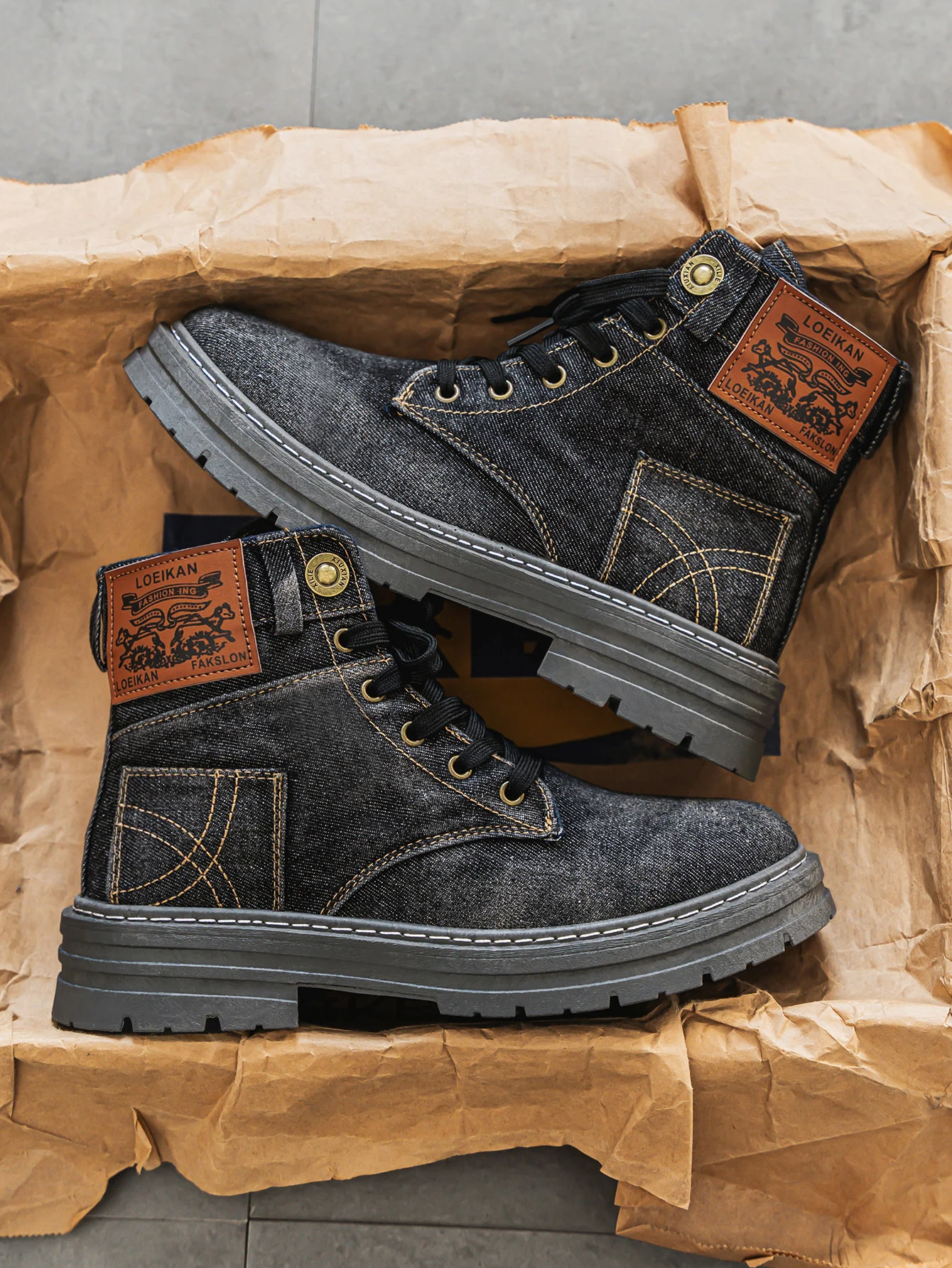 Wilford & Co men's high-cut washed denim boots rugged workwear street style cushioned insole