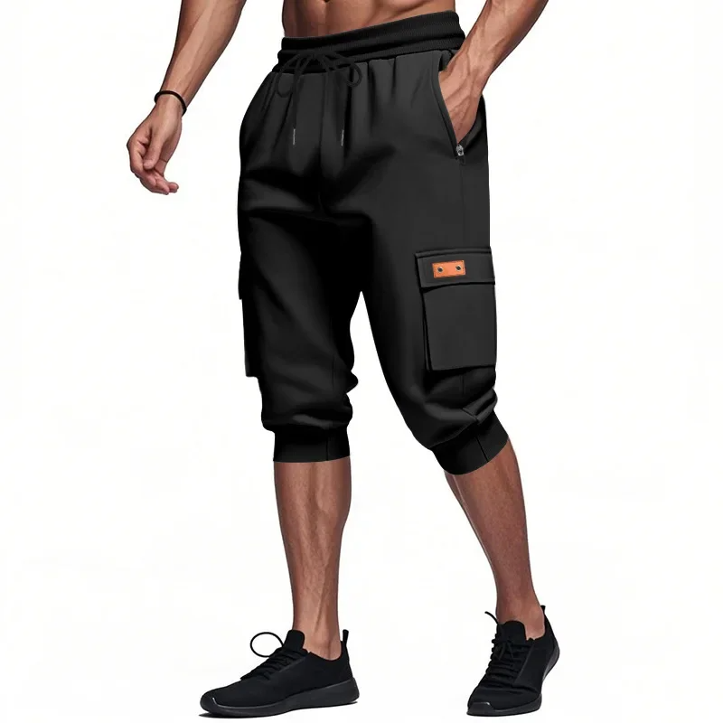 Cropped cargo pants cotton-blend breathable fabric elastic waist sweat-wicking utility pockets active style