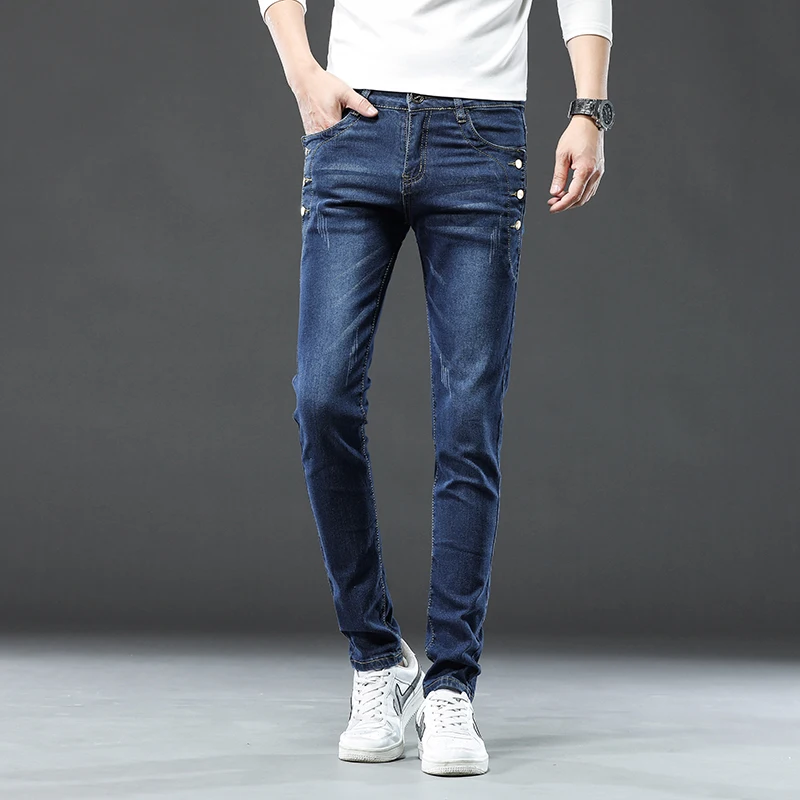 Men's dark wash skinny jeans ultra-soft stretch denim slim tapered cut with side button detail