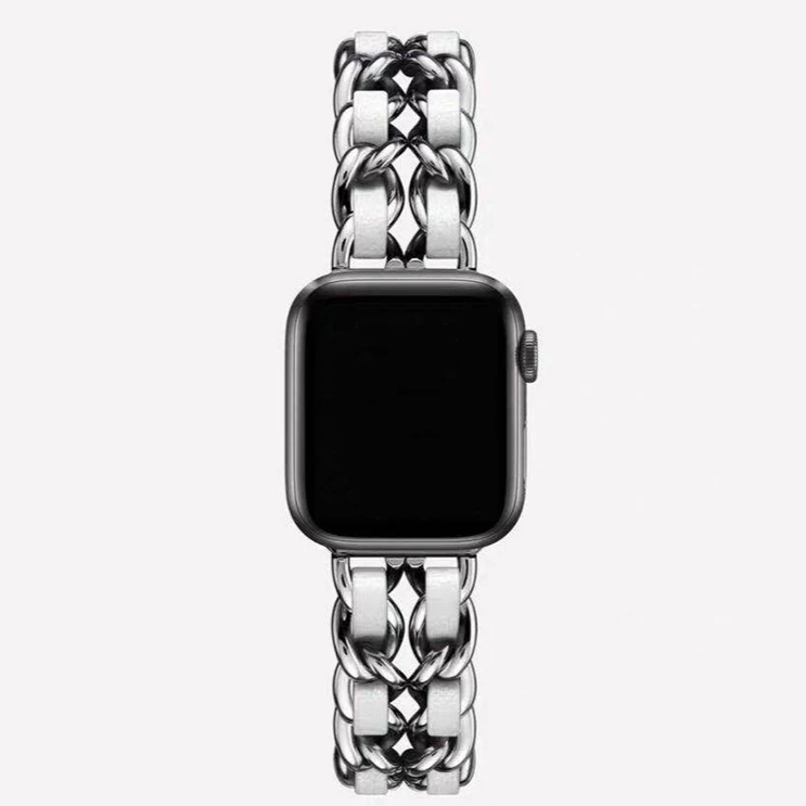 Bold silver chain-link Apple Watch band high-gloss jewelry-grade metal for fashion-forward women