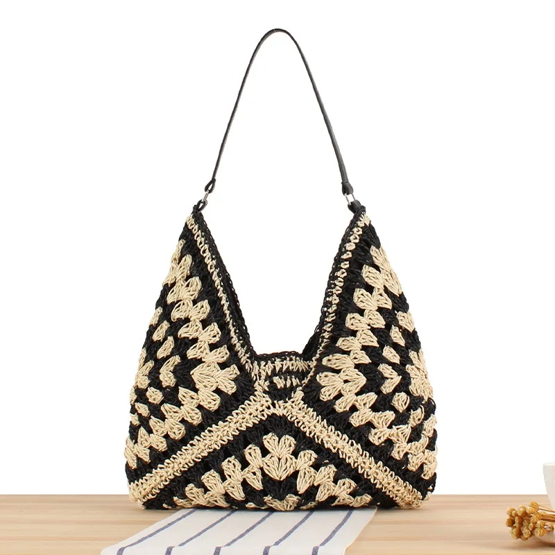 Hand-crocheted boho tote bag open-weave lightweight design vibrant retro color women's beach bag