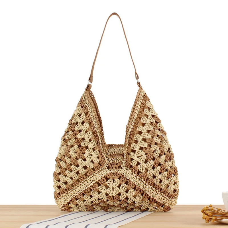 Hand-crocheted boho tote bag open-weave design vibrant retro color-ways lightweight women's carry-all