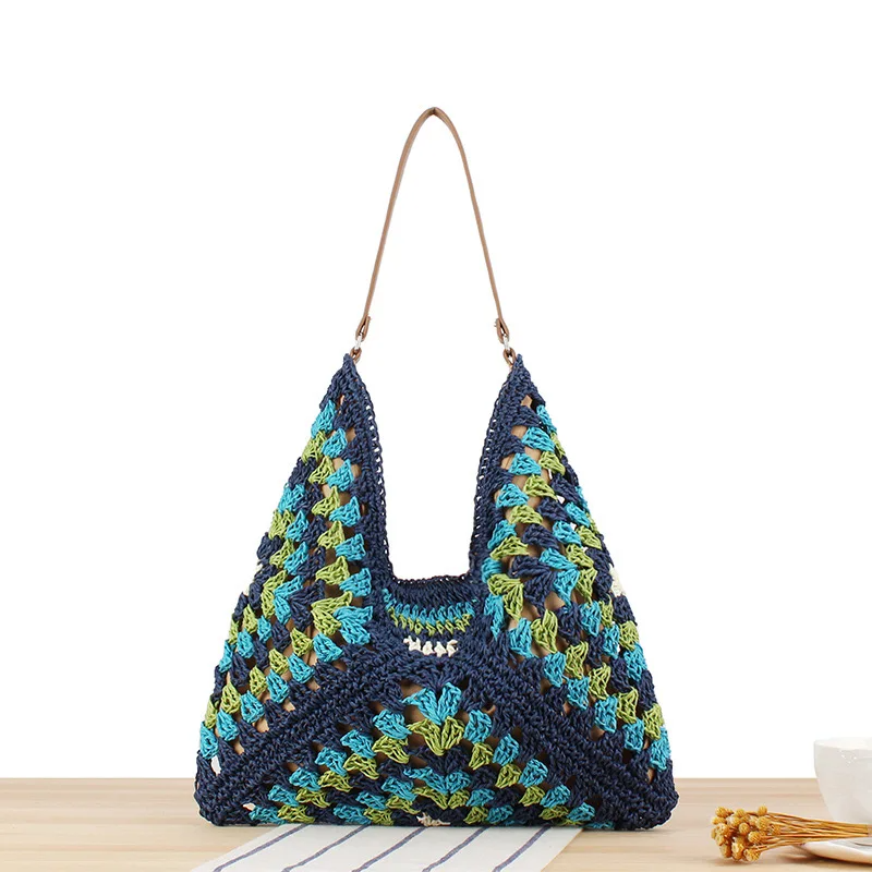 Hand-crocheted boho tote bag, vibrant retro colors, open-weave lightweight design for women