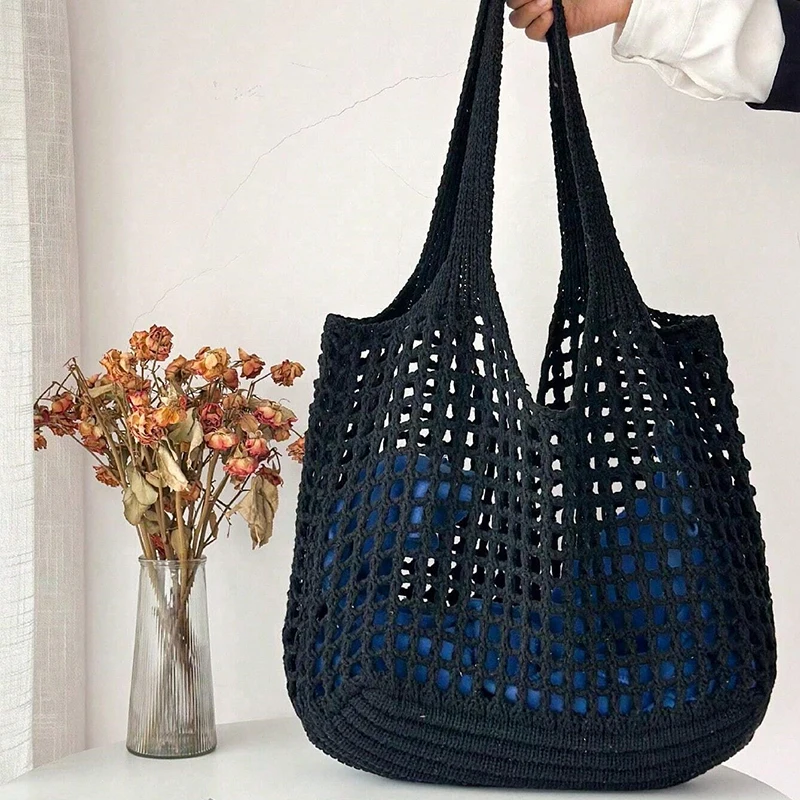 Beige hand-crocheted tote bag open lattice weave soft structured everyday carryall work bag