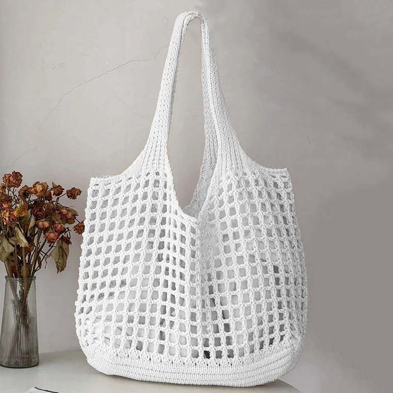 Beige hand-crocheted tote bag open lattice structured carryall everyday shoulder bag