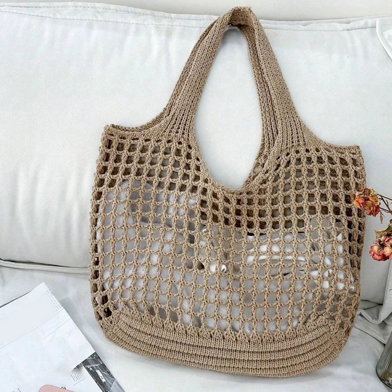 Beige hand-crocheted open lattice tote bag soft structured carryall with grid weave everyday shoulder bag
