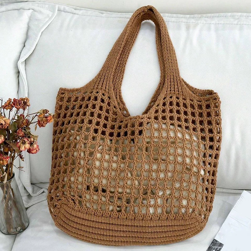 Beige hand-crocheted tote bag open lattice weave soft structured everyday carryall work bag