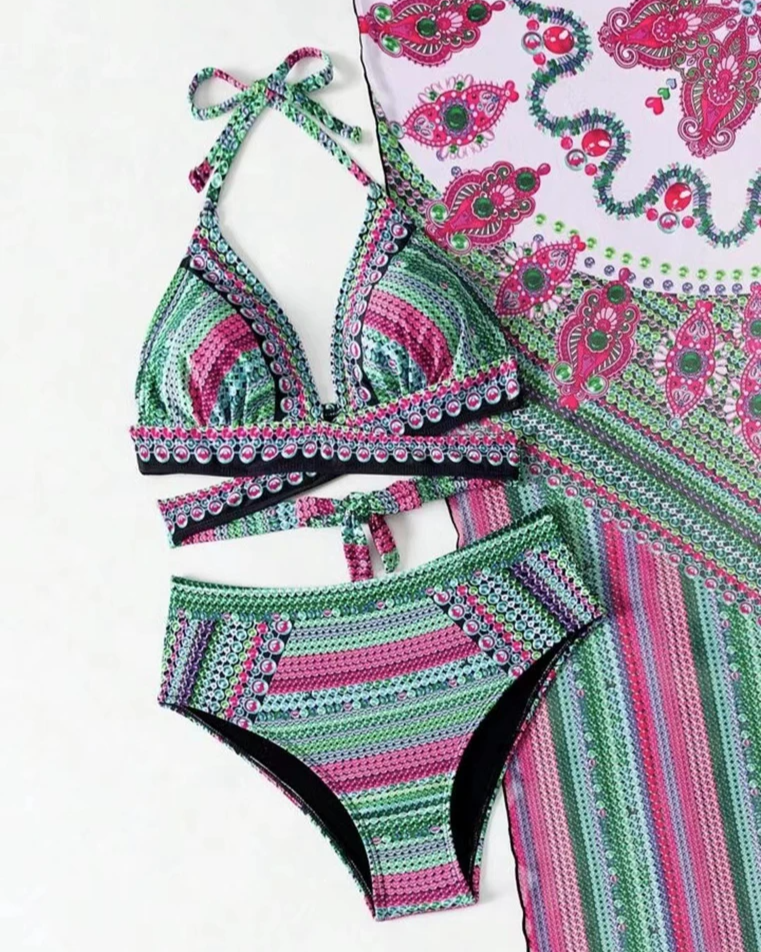 Boho crochet 3-piece swim set with pom-poms, high-waisted bikini and kimono cover-up