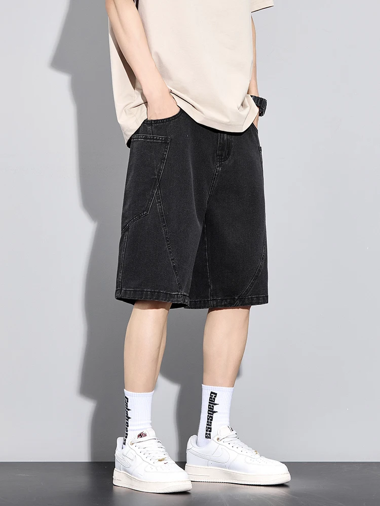 Blue wide-leg denim shorts structured panels oversized pockets premium cotton streetwear cut