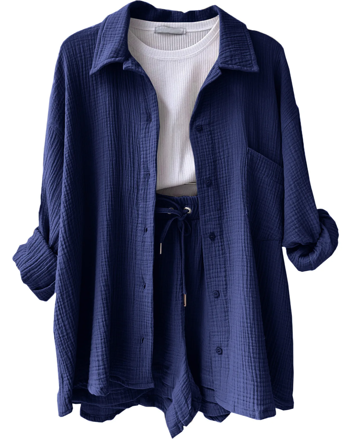 Women's coastal lounge two-piece cotton set, relaxed-fit oversized blouse with matching shorts
