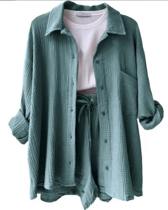 Women's coastal lounge two-piece cotton set relaxed-fit blouse and shorts breathable casual chic