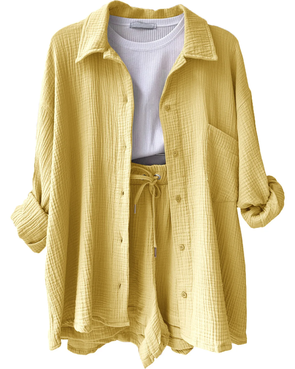 Women's cotton two-piece coastal lounge set relaxed fit blouse and shorts breathable casual chic