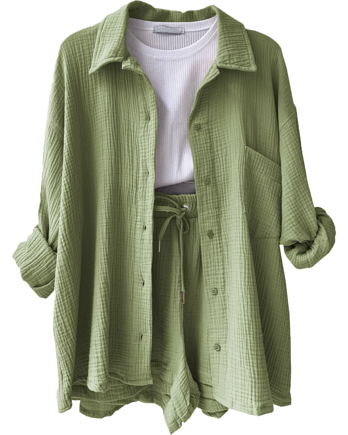 Women's coastal lounge two-piece cotton set, relaxed-fit oversized blouse with matching shorts
