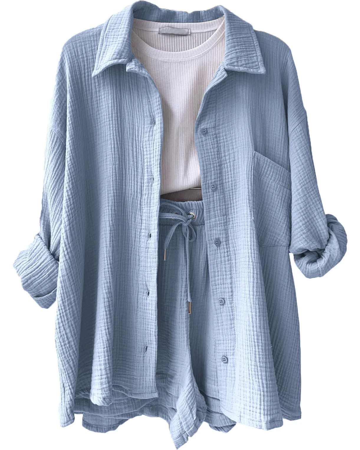Women's coastal lounge two-piece cotton set, relaxed-fit oversized blouse with matching shorts