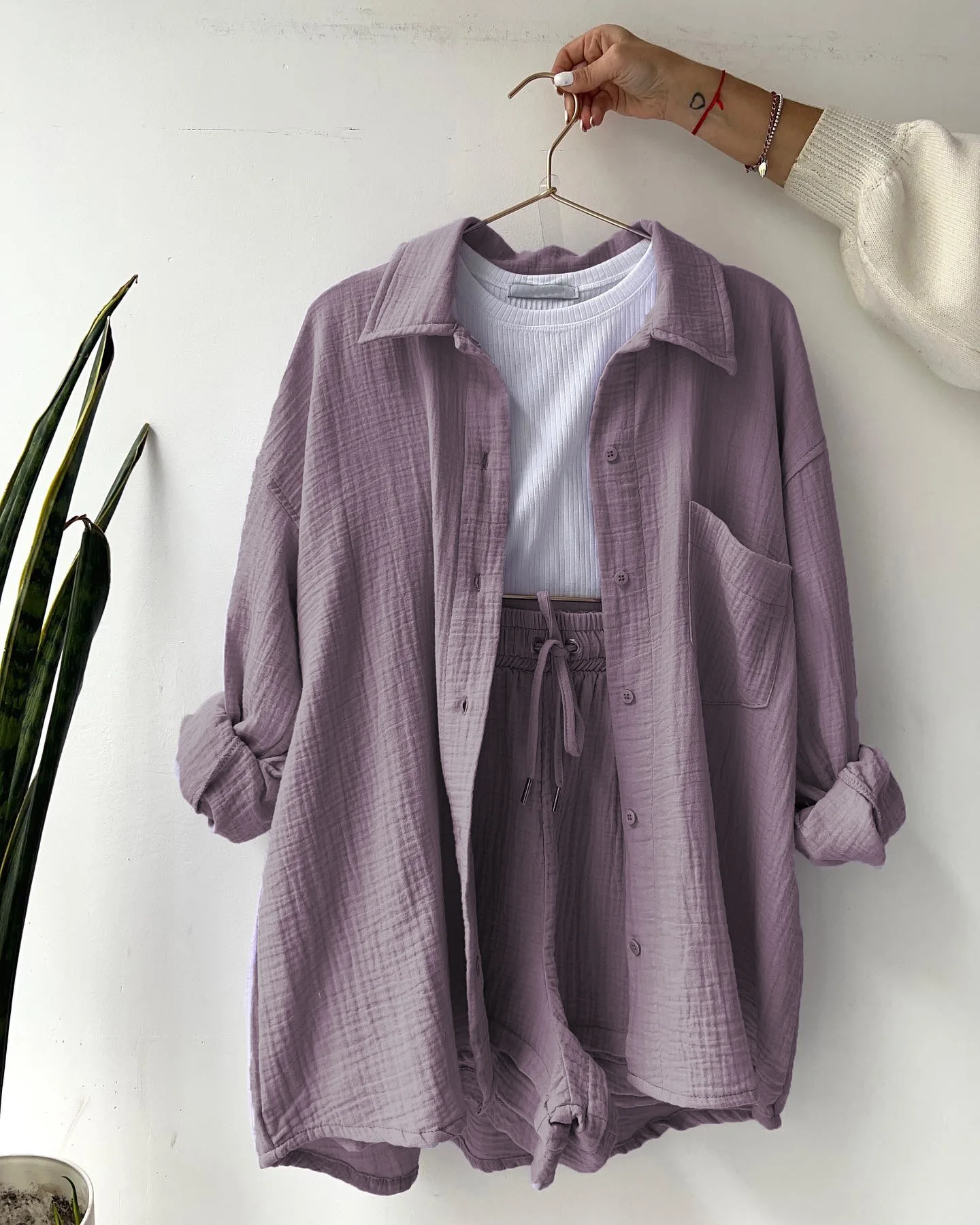 Women's coastal lounge set soft cotton two-piece blouse and shorts relaxed fit breathable casual