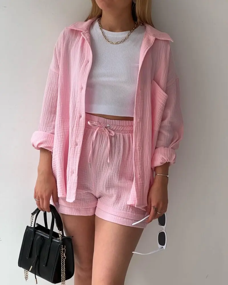 Women's coastal lounge two-piece cotton set, relaxed-fit blouse and shorts, breathable casual style