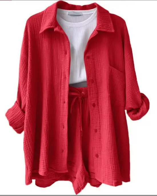 Women's cotton two-piece lounge set coastal style relaxed fit blouse and shorts breathable casual