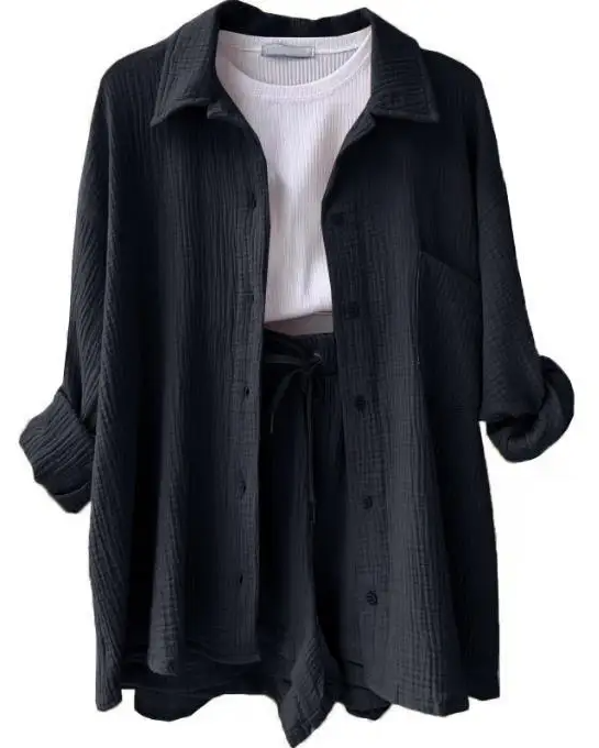 Women's coastal lounge two-piece cotton set relaxed fit blouse and shorts breathable casual chic