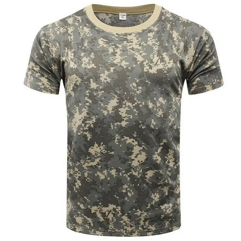Camo military-style t-shirt with moisture-wicking fabric and rugged tactical design for outdoor performance