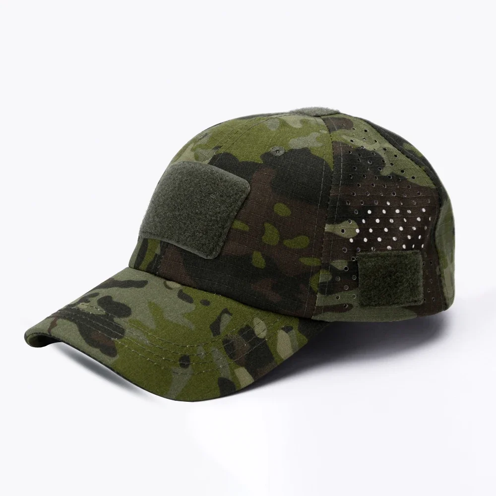 Camo rip-stop performance cap with UV blocking and integrated sunglasses slot for outdoor use